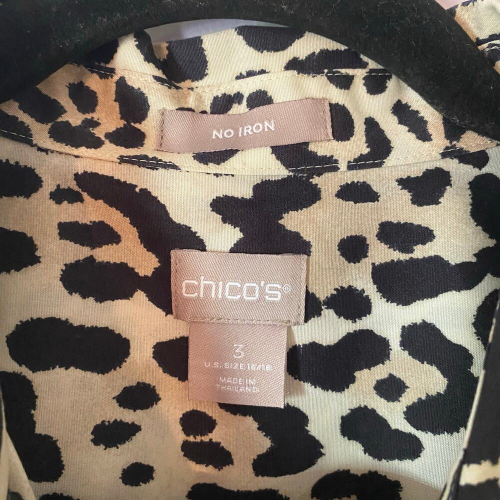 Chico's Animal Print Leopard No Iron Button Down Long Shirt Preppy 3 / 16 / 18 - Picture 2 of 10